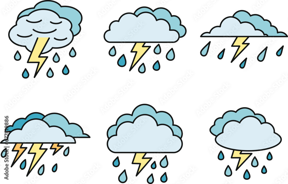 Poster weather thunderstorm icons set. outline set of weather thunderstorm vector icons thin line color fla