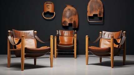 Kleiman leather 'tsar chairs', African design, in the style of realist fine details, light brown and navy, arbitrate fir kunst, unpolished authenticity, voigtlander brilliant, camera Lucida - obrazy, fototapety, plakaty