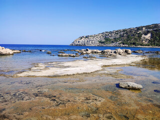 Faliraki beach with a striking rocky cove, Dodecanese, Rhodes Island, Greece.
