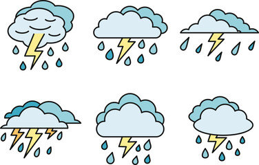 Weather thunderstorm icons set. Outline set of weather thunderstorm vector icons thin line color flat on white