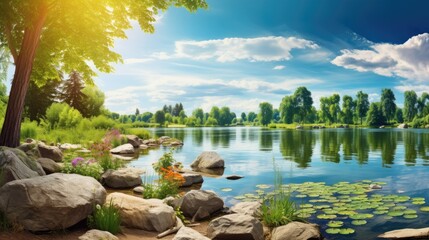 Beautiful colorful summer spring landscape with a lake in Park with many trees and stones in foreground. Panorama - obrazy, fototapety, plakaty