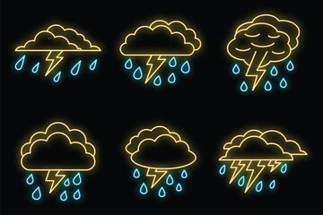 Weather thunderstorm icons set. Outline set of weather thunderstorm vector icons neon color on black