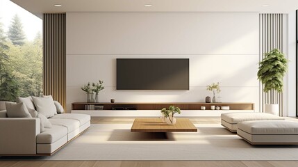 
New White sofa and tv unit in spacious room. Luxury home interior design of modern living room, panorama