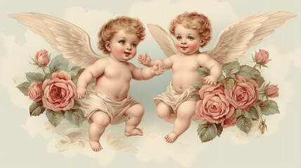 Baby angels flying in the rose bushes. Retro style postcard for Valentine's Day.  - 677820065