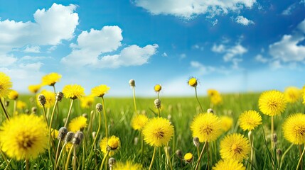 Beautiful flowers of yellow dandelions in warm summer. Spring, nature and green background