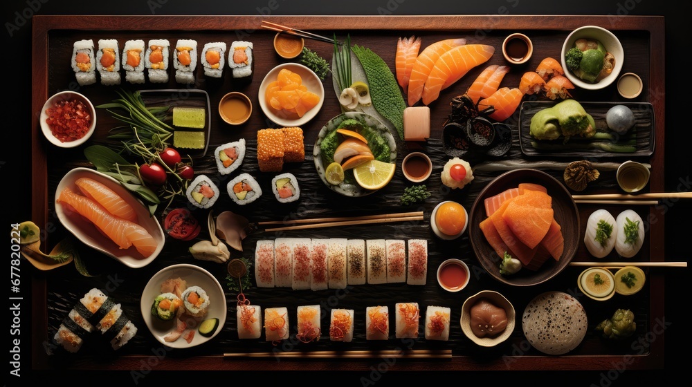 Poster a table topped with lots of different types of sushi and chopsticks on top of a wooden table.