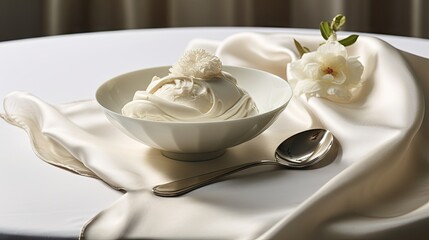 Fototapeta na wymiar a bowl of ice cream and a spoon on a white table cloth with a white flower on top of it.