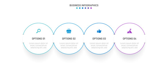 Timeline infographic with infochart. Modern presentation template with 4 spets for business process. Website template on white background for concept modern design. Horizontal layout.