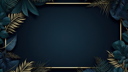Dark background frame with tropical leaves and flowers adorned with golden highlights  - obrazy, fototapety, plakaty