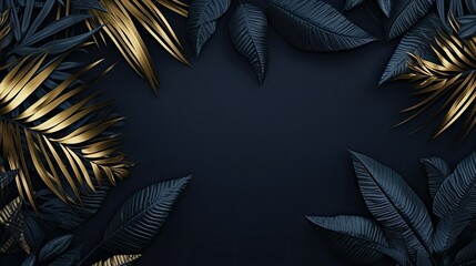 Dark background frame with tropical leaves and flowers adorned with golden highlights 