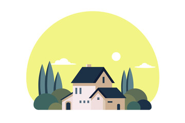 Rural landscape, house villa farm, trees and cypresses. Olive earthy colors. Vector flat illustration on white background