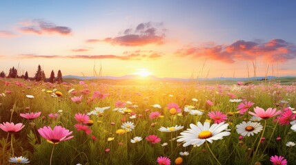 Nature floral background in early summer. Colorful natural spring landscape with flowers, soft selective focus