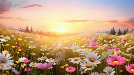 Nature floral background in early summer. Colorful natural spring landscape with flowers, soft selective focus
