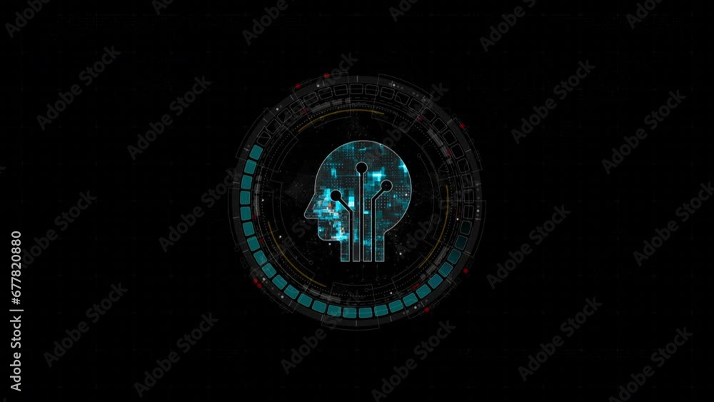 Poster motion graphic of blue digital robot head logo and circle futuristic hud elements with flowing arrow