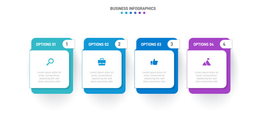 Timeline infographic with infochart. Modern presentation template with 4 spets for business process. Website template on white background for concept modern design. Horizontal layout.