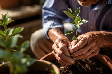 man plants a ficus in a pot. a person transplants plants after pruning the roots