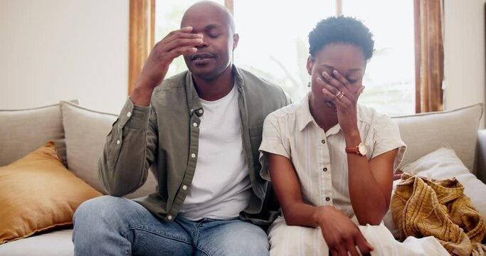 Frustrated black couple, kids and headache in chaos, living room or stress from fighting at home. Tired African mother and father in mental health, depression or anxiety in burnout with ADHD children