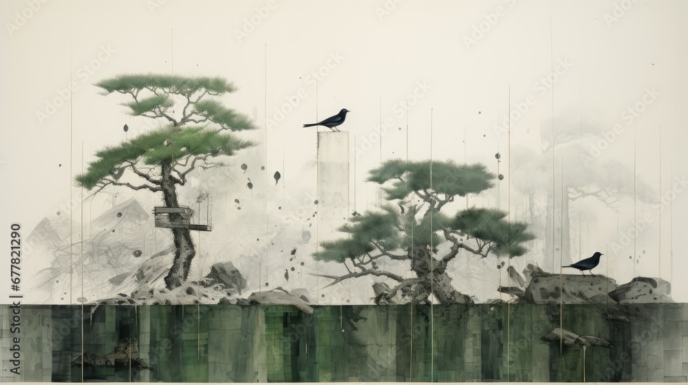 Poster a painting of two birds sitting on top of a tree in front of a tall building with a tall tower in th