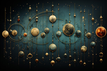 States of mind, astrology, cosmos, astronomy concept. Abstract and surreal astronomy and astrology illustration with moon and planets. Tiny ornate detailed background with copy space