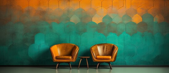 The vintage art paper wallpaper adorned the wall with an abstract design of green and orange hues featuring a retro pattern layered with grunge textures creating an eye catching and unique g