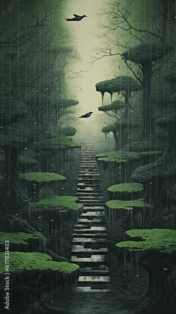 Poster a painting of a path leading to a forest with a bird flying over the top of the path and trees on th