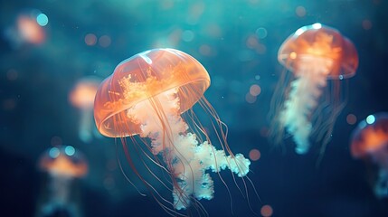  a group of jellyfish floating on top of a body of water next to a forest of green and orange jellyfish.