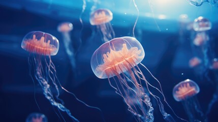  a group of jellyfish floating in a blue water filled with jellyfish floating in it's stomachs.