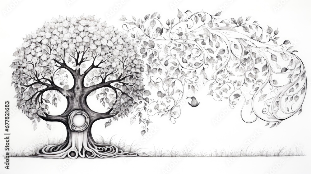 Poster a black and white drawing of a tree with a swirly design on the top of it's trunk.