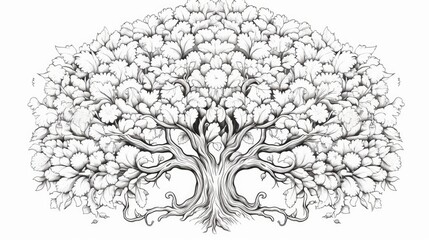  a black and white drawing of a tree with lots of leaves in the shape of a heart on a white background.