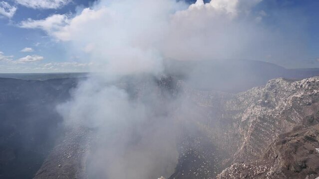 Masaya volcano crater with big fume come out in Nicaragua panorama