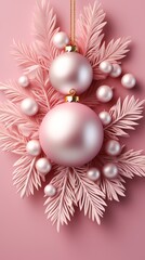 Christmas tree balls and snowflakes on pink background, winter holidays design