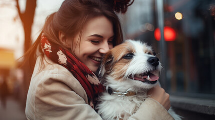 Beautiful young woman hugging with her jack russell terrier dog on street at autumn warm day