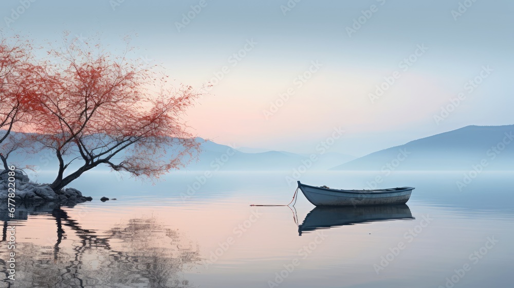 Poster a boat floating on top of a body of water next to a tree with a red leafy tree in the background.