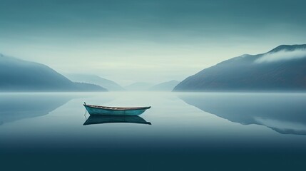  a small boat floating on top of a body of water next to a forest covered mountain covered in fog and low lying clouds.