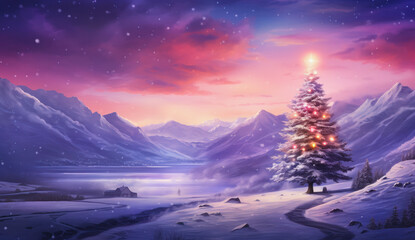 illustration of a christmas tree in a snowy mountain landscape by water with a red cosmic night sky