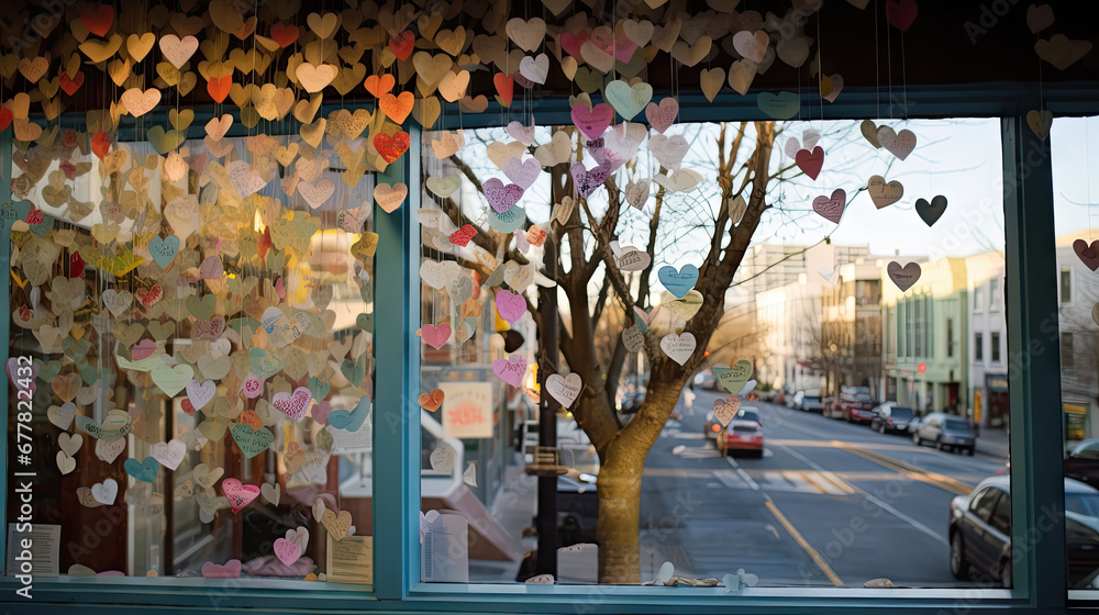 Poster a window with a bunch of paper hearts hanging from it's side and a tree in front of it.
