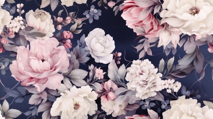  a close up of a bunch of flowers on a blue background with pink, white and grey flowers on it.
