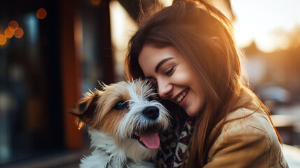 Beautiful young woman hugging with her jack russell terrier dog on street at autumn warm day