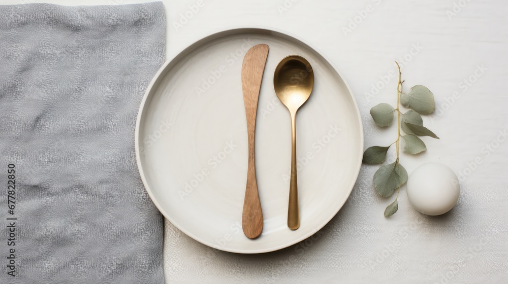 Poster a plate with a spoon and a spoon rest on it next to an egg and a branch of a plant.