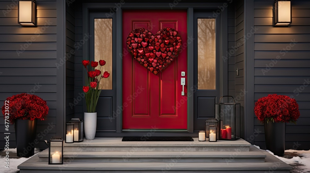 Poster a red door with a heart shaped wreath on the front of it and two vases of flowers in front of it.