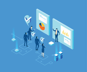 Business people stand around big computer, cooperating, sharing ideas concept. Isometric business environment. Infographic illustration
