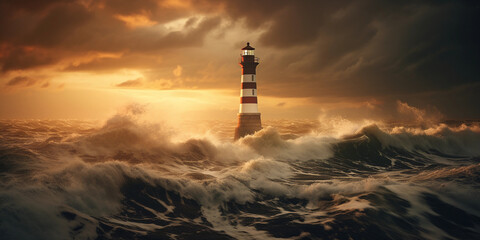 lighthouse at dusk, overlooking a turbulent sea, God rays breaking through clouds © Marco Attano