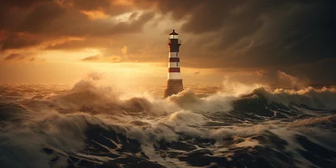 Zelfklevend Fotobehang lighthouse at dusk, overlooking a turbulent sea, God rays breaking through clouds © Marco Attano