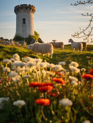 ancient, weathered stone lighthouse, surrounded by flowering meadows, sheep grazing