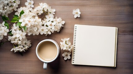  a cup of coffee next to a notebook on a wooden table with a bunch of white flowers next to it.