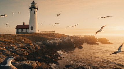 rustic New England lighthouse at dawn, calm sea, mist rising, warm pastel sky, gulls flying in the...