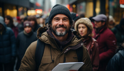 Obraz premium A group of smiling adults walking in winter generated by AI