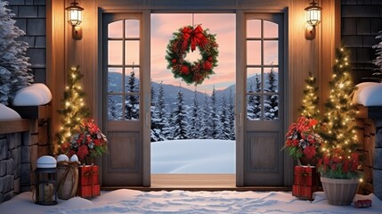  a christmas scene of a front door with a wreath and a wreath on the front of the door and a wreath on the side of the door.