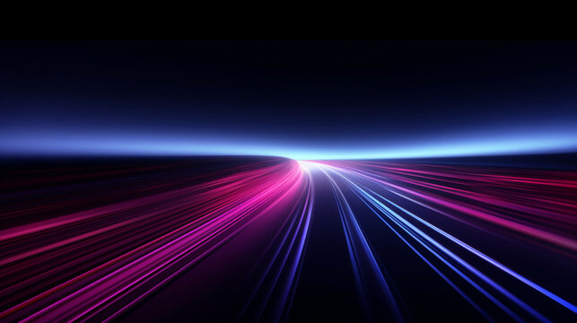 Rayons lumineux, néons sur une route de nuit. Mouvement direct, éclair de lumière, bleu, rose, mauve et blanc. Eclat lumineux. Espace vide pour conception et création graphique, bannière.