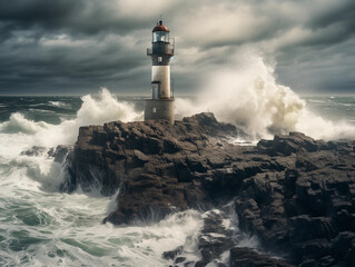 Fototapeta na wymiar modern concrete lighthouse, situated on a rocky outcrop, waves crashing below, stormy sky